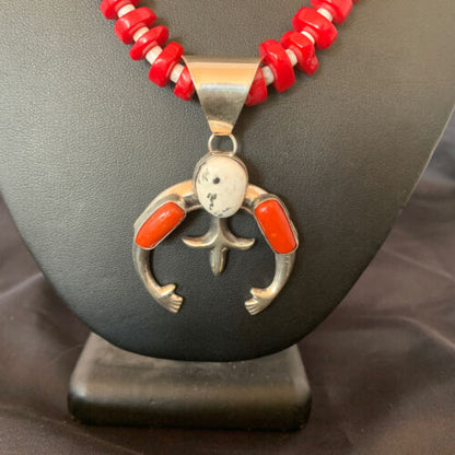 Navajo White Buffalo Turquoise Coral Naja Pendant | Sterling Silver | Authentic Native American Handmade | 10519