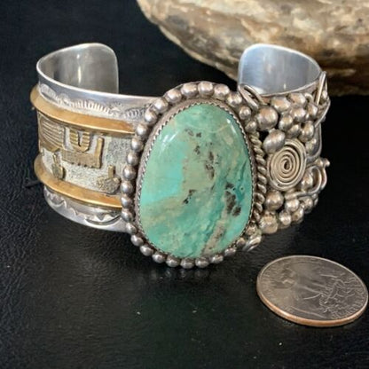 Navajo Green Turquoise Cuff Bracelet | Sterling Silver & 12K Gold | Authentic Native American Handmade | 14116 - Masha USA