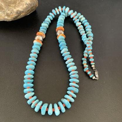 Navajo Natural Turquoise & Spiny Oyster Necklace | Sterling Silver | Authentic Native American | 29" | 13232