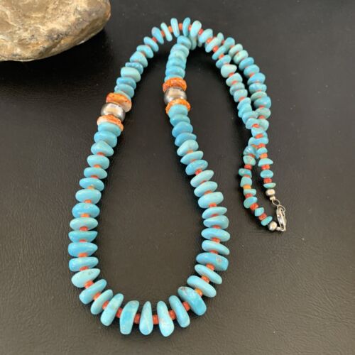 Navajo Natural Turquoise & Spiny Oyster Necklace | Sterling Silver | Authentic Native American | 29" | 13246