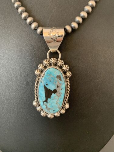Men's Navajo Pearls Necklace with Blue Kingman Turquoise Pendant | Sterling Silver | Authentic Native American Handmade | 00841