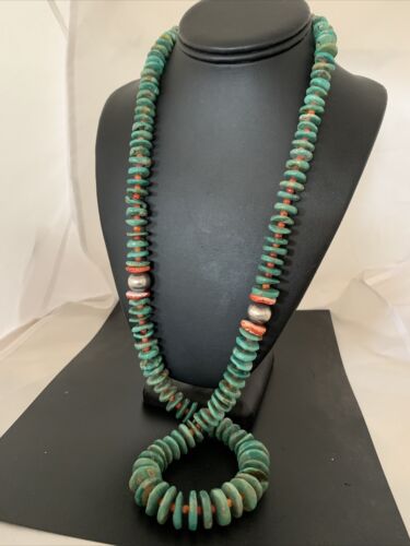 Authentic Native American Navajo Necklace | Sterling Silver | Green Turquoise & Spiny Oyster | 32" | 1670