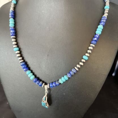 Zuni Blue Turquoise Lapis Multi-Stone Necklace Pendant | Authentic Native American Sterling Silver | 14639