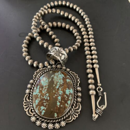 Navajo Pearls Sterling Silver Necklace with Blue Turquoise #8 Pendant | Authentic Native American Handmade | 11297