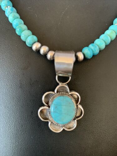Navajo Blue Turquoise Pendant Necklace | Sterling Silver Pearls | Authentic Native American Handmade | 13216