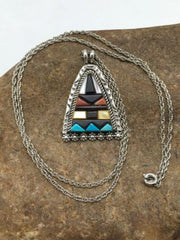 Navajo Multi-Color Turquoise Pendant Necklace | Sterling Silver | Authentic Native American Handmade | 20" | 4093