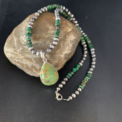 Navajo Green Mojave Turquoise Pendant Necklace | Sterling Silver | Native American Handmade | 13467
