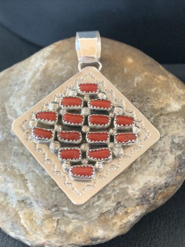 Navajo Red Coral and Multi-Stone Cluster Pendant | Authentic Native American Sterling Silver | 2" | 2101