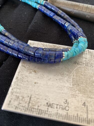 Navajo Lapis & Turquoise 3 Strand Necklace | Sterling Silver | 21" | Authentic Native American Handmade | 1011