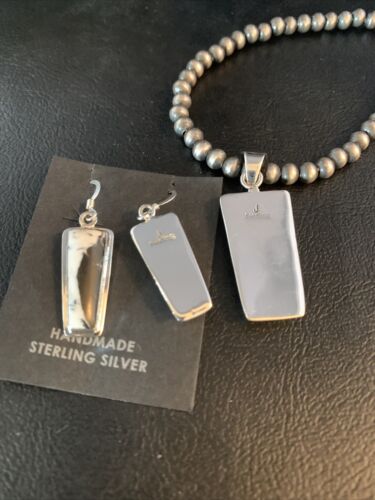 Navajo White Buffalo Turquoise Pendant | Sterling Silver Dangle Earrings | Authentic Native American Handmade | 14100