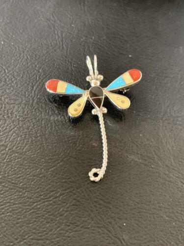 Zuni Turquoise & Yellow Mother of Pearl Inlay Dragonfly Sterling Necklace Pin Pendant | 12320