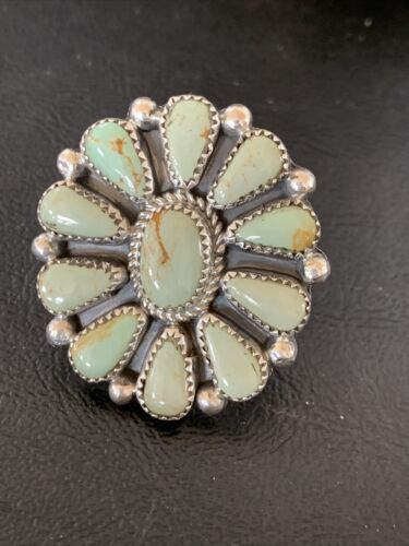 Navajo Green Turquoise Cluster Ring | Authentic Native American Sterling Silver | Multi-Stone | Sz 7.5 | 12191
