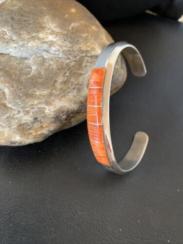 Native American Zuni Orange Spiny Oyster Inlay Cuff Bracelet | Sterling Silver | 12098