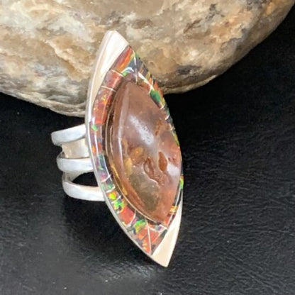 Navajo Sterling Silver Opal Inlay Ring with Amber | Sz 9 | Authentic Native American Handmade | Pomellato | 12849