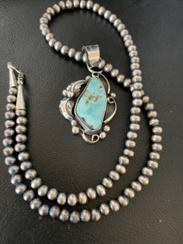 Men's Sterling Silver Blue Dry Creek Turquoise Pendant | Navajo Pearl Necklace 21" | 12975