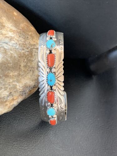 Navajo Blue Kingman Turquoise Coral Cuff Bracelet | 7 Strand | Sterling Silver | 12315