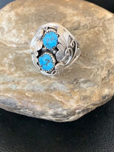 Navajo Blue Kingman Turquoise Feather Ring | Authentic Native American Sterling Silver | Multi-Stone | Sz 11.5 | 12220