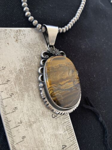 Men's Navajo Pearls Necklace | Sterling Silver | Coffee Tiger's Eye Pendant | Authentic Native American Handmade | 1543