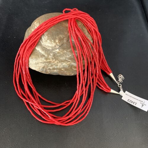 Red Coral Stabilized Heishi 10-Strand Necklace | Liquid Sterling Silver | 24" | 13423