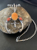 Navajo Pearl Necklace with Sterling Silver Naja Pendant | Orange Red Spiny Oyster | 11698