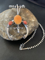 Navajo Pearl Necklace with Sterling Silver Naja Pendant | Orange Red Spiny Oyster | 11698