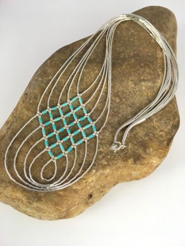 Turquoise Heishi Tubes Pendant | 5-Strand Liquid Sterling Silver Necklace | Authentic Native American Handmade | 8880