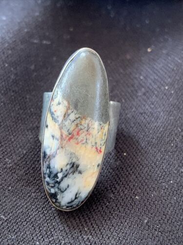 Southwestern Navajo Cinnabrite Ring | White Black | Sterling Silver | Sz 7.5 | 1557