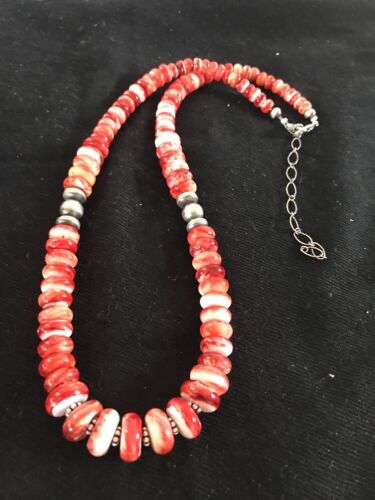 Navajo Red Spiny Oyster Necklace | Sterling Silver | Authentic Native American | Graduated 18" | 12715