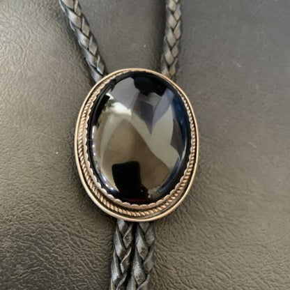 Men's Black Onyx Bolo Tie | Navajo Sterling Silver | Authentic Native American Handmade | 12609