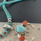Navajo Pearl Necklace with Blue Turquoise & Coral | Sterling Silver Naja Pendant | 02062