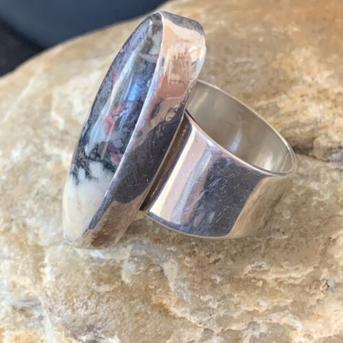 Navajo Men's White Black Cinnabrite Ring | Sterling Silver | Sz 7.5 | Authentic Native American Handmade | 1556