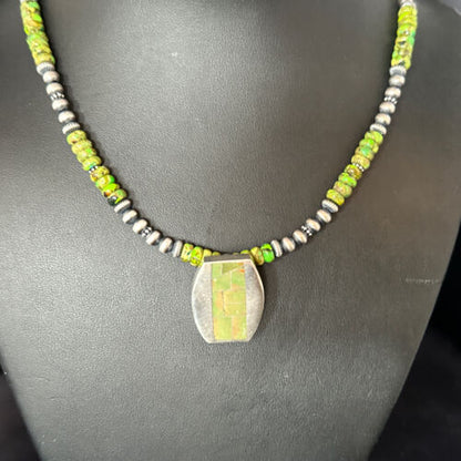Navajo Green Turquoise Inlay Pendant Necklace | Sterling Silver | 22" | Authentic Native American Handmade | 14610