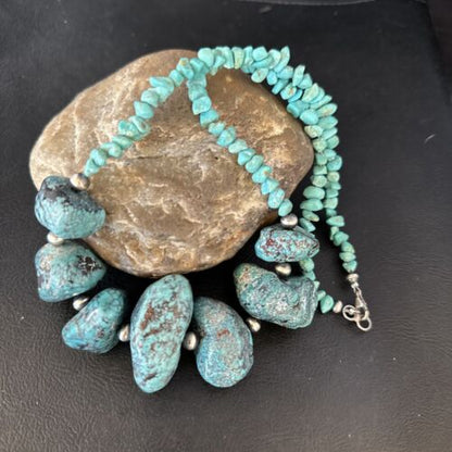 Navajo Chunky Blue Turquoise Nugget Necklace | Sterling Silver | Authentic Native American Handmade | 20" | 14416