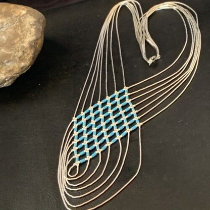 Navajo Blue Turquoise Liquid Heishi Necklace | 7 Strand Sterling Tubes | 18" | Authentic Native American | 12626