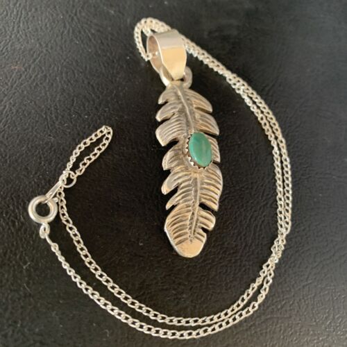 Navajo Green Turquoise Feather Pendant Necklace | Sterling Silver | 16" | Authentic Native American Handmade | 13685