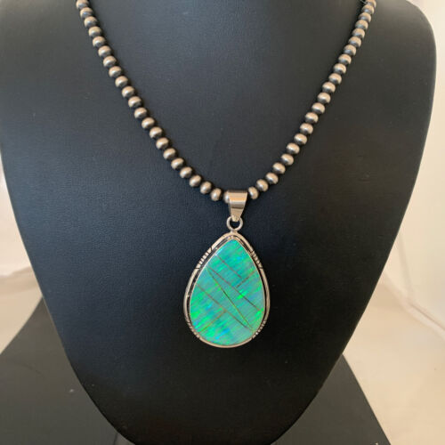Native American Women's Navajo Green Faux Opal Pendant | Sterling Silver | 2.30" | 1895