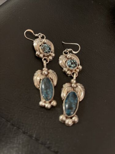 Navajo Spiderweb Turquoise Dangle Earrings | Sterling Silver | Authentic Native American Handmade | 1236