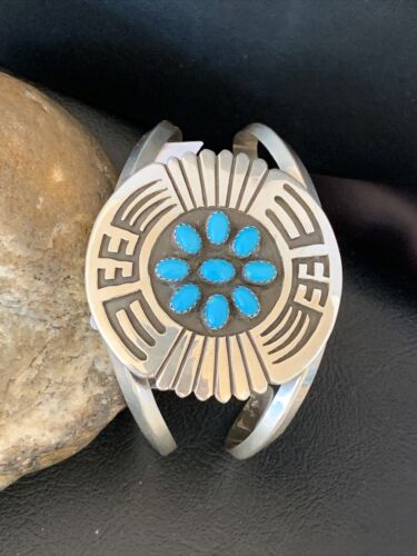 Navajo Sterling Silver Kingman Turquoise Cuff Bracelet | Men's Cluster | Blue | 1651