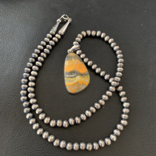 Navajo Yellow Bumblebee Jasper Pendant Necklace | Sterling Silver | Authentic Native American Handmade | 12812