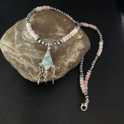 Navajo Mother of Pearl Turquoise Inlay Pendant with Pink Opal Bead Necklace | Sterling Silver | 13457