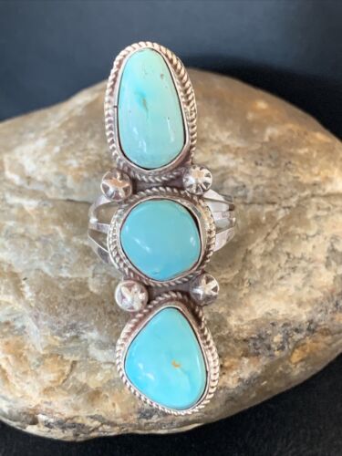 Navajo Blue Turquoise Cluster Ring | Authentic Native American Sterling Silver | Multi-Stone | Sz 11 | 02122