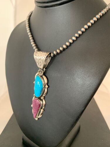 Navajo Kingman Turquoise & Spiny Oyster Pendant Necklace | Sterling Silver | Authentic Native American Handmade | 4576