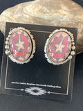 Navajo Red Rug Design Stud Earrings | Sterling Silver | 1" | Authentic Native American Handmade | 13110