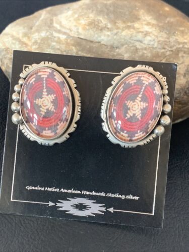 Navajo Red Rug Design Stud Earrings | Sterling Silver | 1" | Authentic Native American Handmade | 13110
