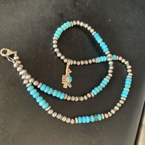 Navajo Blue Turquoise Inlay Pendant Necklace | Sterling Silver | Native American Handmade | 13837