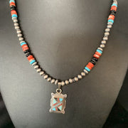 Navajo Multi-Color Turquoise Onyx Inlay Pendant Necklace | Sterling Silver | Authentic Native American Handmade | 13559