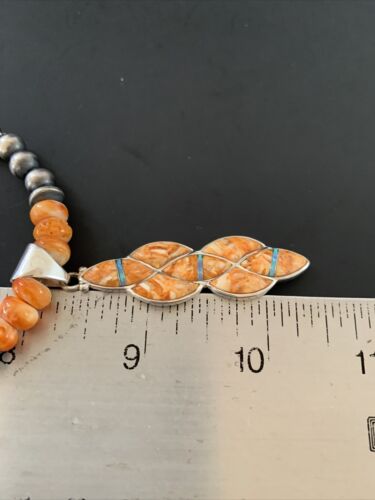 Navajo Pearls Sterling Silver Necklace | Orange Spiny Oyster Inlay Pendant | Authentic Native American Handmade | 11314