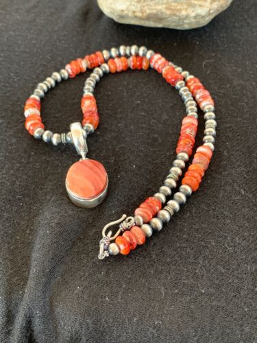 Navajo Red Spiny Oyster Pendant Necklace | Sterling Silver | Authentic Native American Handmade | 8820