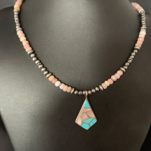 Navajo Mother of Pearl Turquoise Inlay Pendant with Pink Opal Bead | Sterling Silver Necklace | 13456