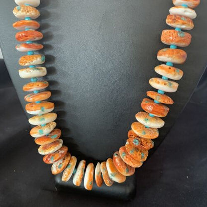 Navajo Turquoise & Orange Spiny Oyster Necklace | Sterling Silver | Authentic Native American | Graduated | 24" | 12733